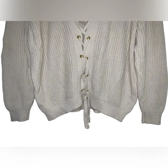 Forever 21 Lace Up V-Neck Sweater Chunky Knit Pullover Sweater Ivory color Sz S - Picture 5 of 10